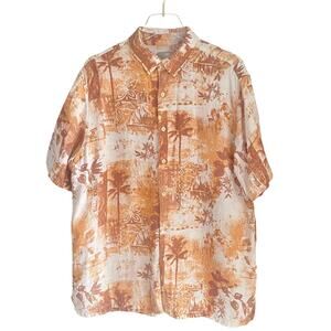 Margaritaville Silk Linen Hawaiian Shirt Palm Tree Print Aloha Rust Cream Sz XL